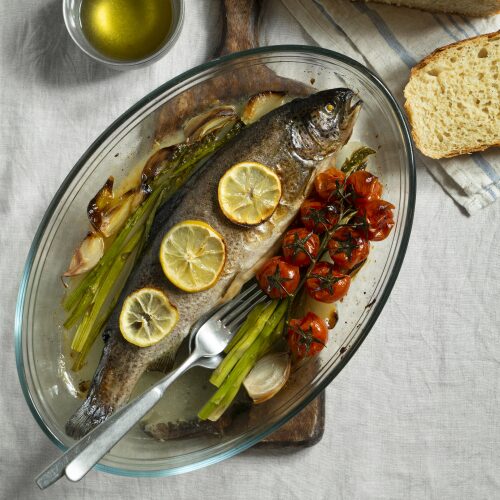 Mustard & Herb Baked Fish in Foil with Roasted Vegetables